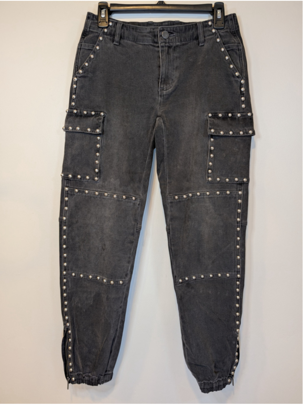 MICHAEL KORS Studded Denim Cargo Joggers Black Charcoal Gray Punk Grunge Size 2